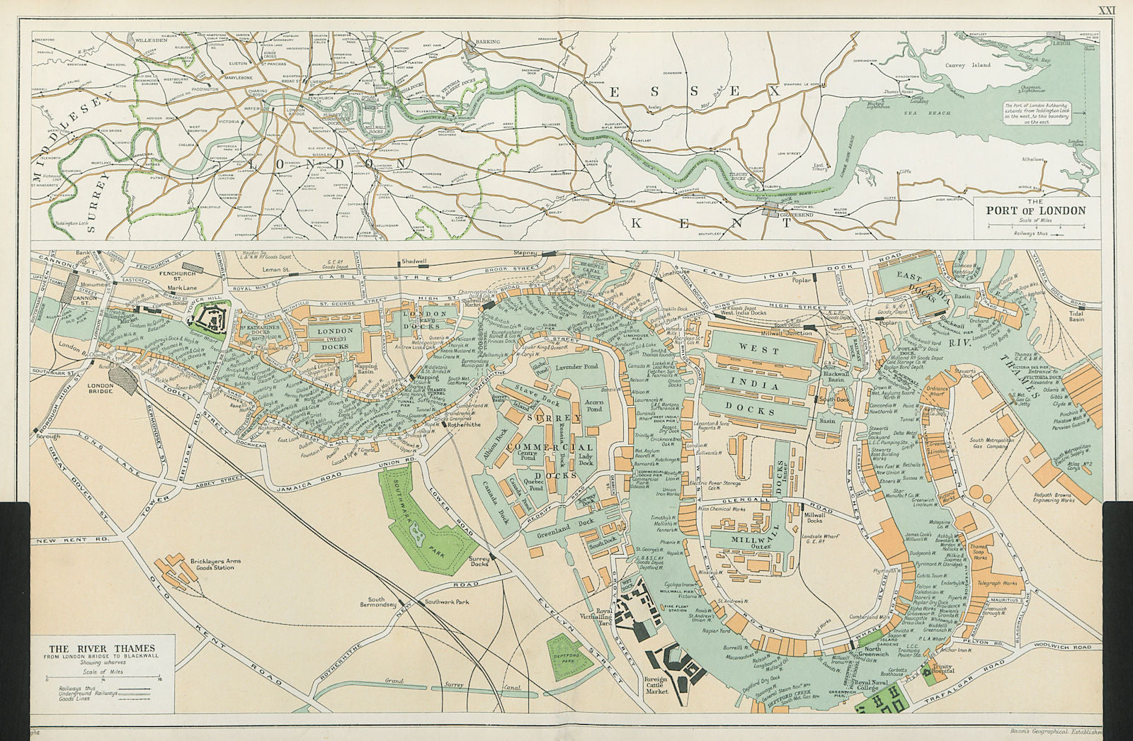 THE PORT OF LONDON showing wharves & docks. Thames. Vintage map. BACON 1920